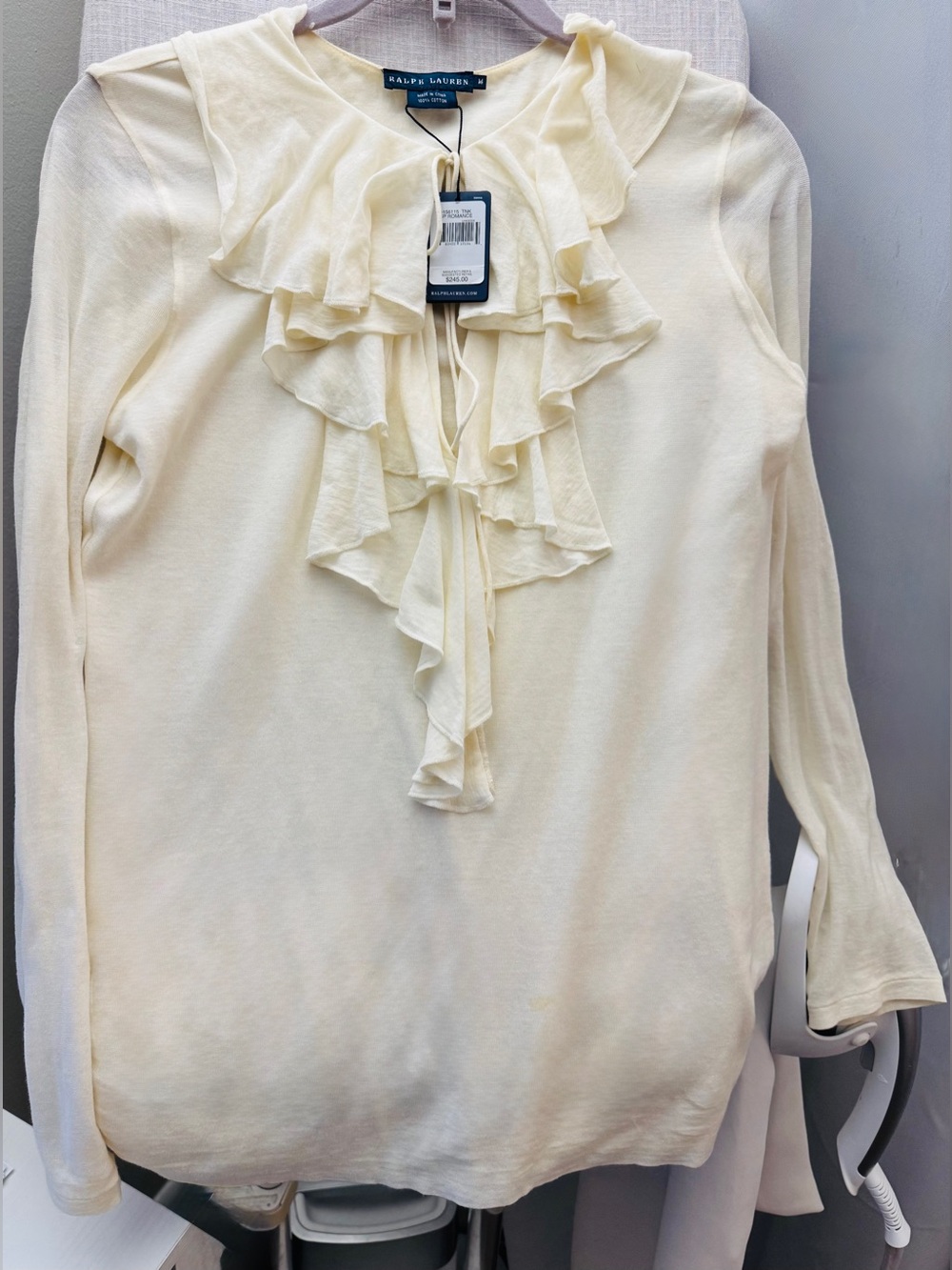 Y2K Ralph Lauren Blue Label Ruffle Weightless Knit Cotton Blouse Top Cream Sz.M
